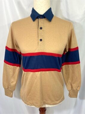 Kids Tan Rugby Polo with Navy Stripe and Red Trim